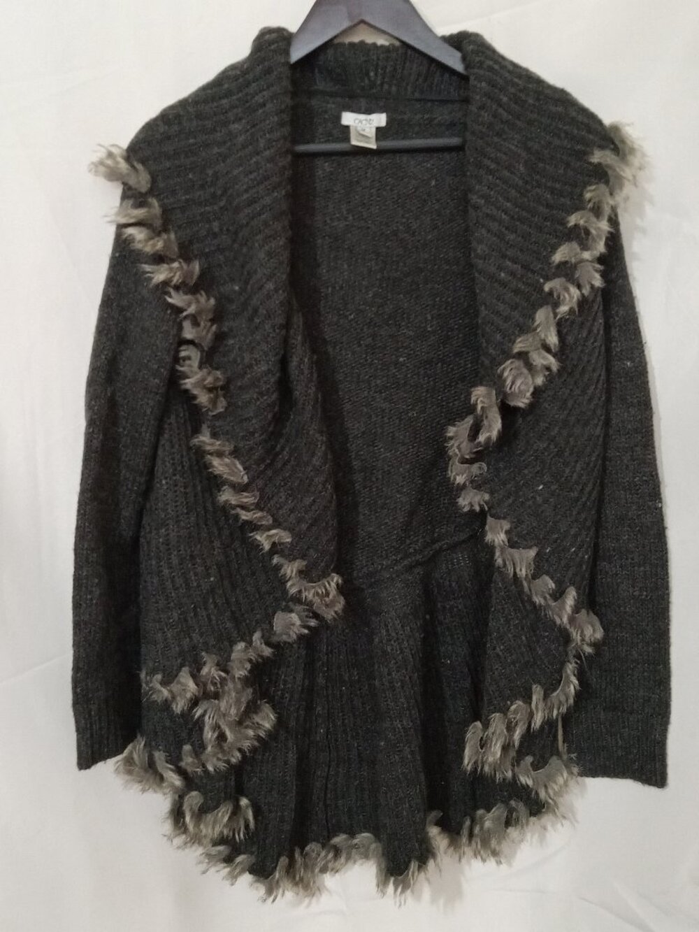Cache Women’s Gray Faux Fur Trim Cardigan Medium Open Front Wool Blend Sweater